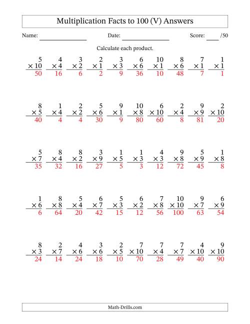 The Multiplication Facts to 100 (50 Questions) (No Zeros) (V) Math Worksheet Page 2