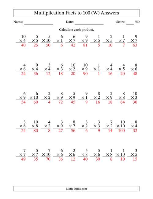 The Multiplication Facts to 100 (50 Questions) (No Zeros) (W) Math Worksheet Page 2