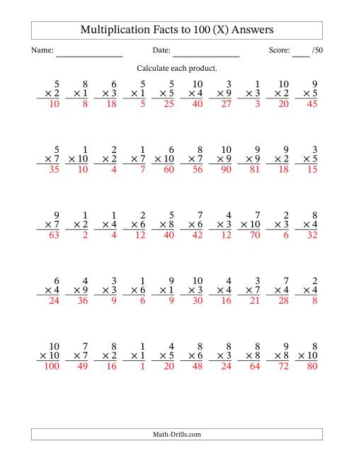 The Multiplication Facts to 100 (50 Questions) (No Zeros) (X) Math Worksheet Page 2