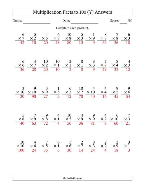 The Multiplication Facts to 100 (50 Questions) (No Zeros) (Y) Math Worksheet Page 2