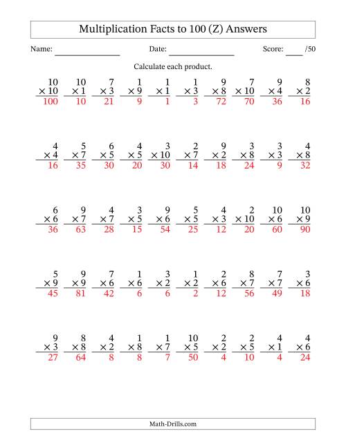 The Multiplication Facts to 100 (50 Questions) (No Zeros) (Z) Math Worksheet Page 2