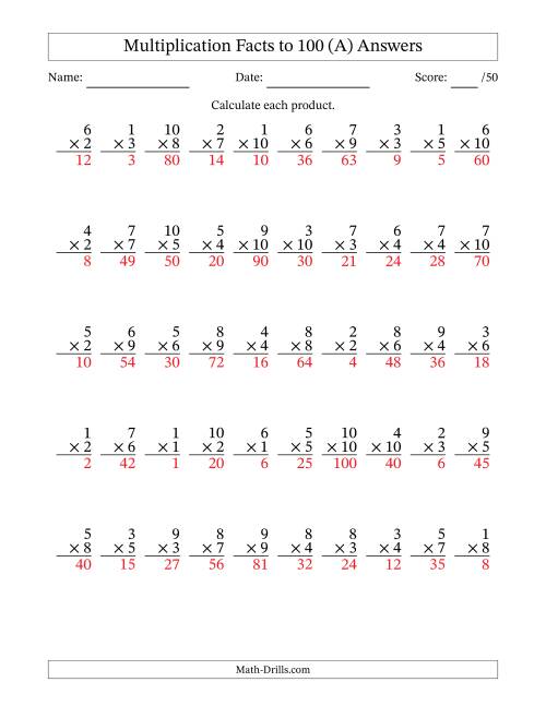 The Multiplication Facts to 100 (50 Questions) (No Zeros) (All) Math Worksheet Page 2