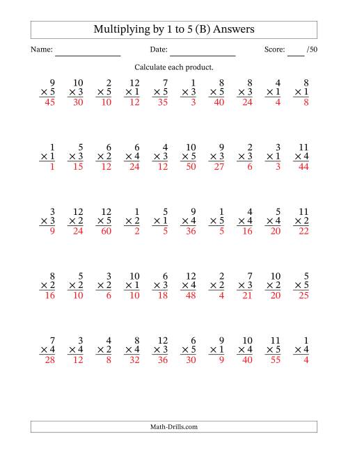 The Multiplying (1 to 12) by 1 to 5 (50 Questions) (B) Math Worksheet Page 2