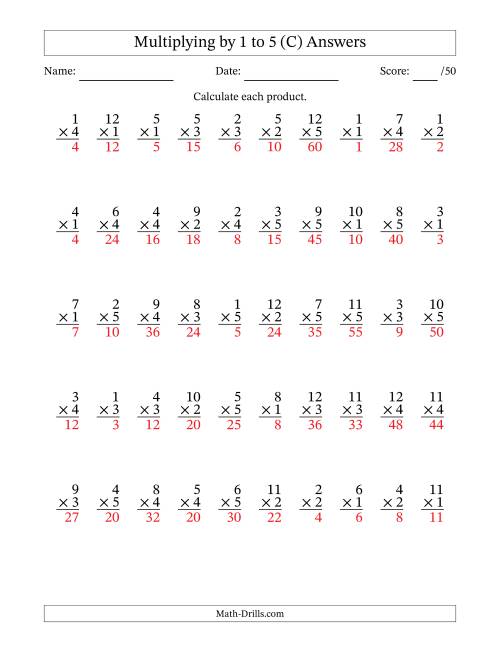 The Multiplying (1 to 12) by 1 to 5 (50 Questions) (C) Math Worksheet Page 2