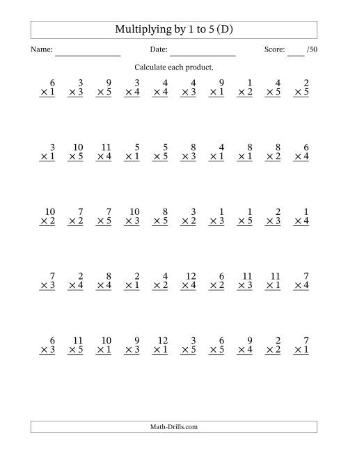 The Multiplying (1 to 12) by 1 to 5 (50 Questions) (D) Math Worksheet