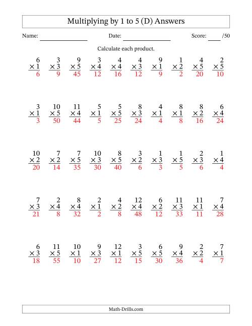 The Multiplying (1 to 12) by 1 to 5 (50 Questions) (D) Math Worksheet Page 2