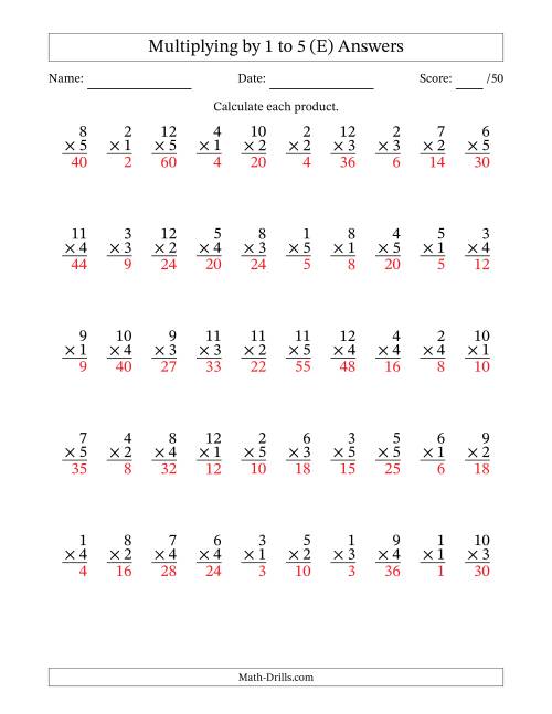 The Multiplying (1 to 12) by 1 to 5 (50 Questions) (E) Math Worksheet Page 2