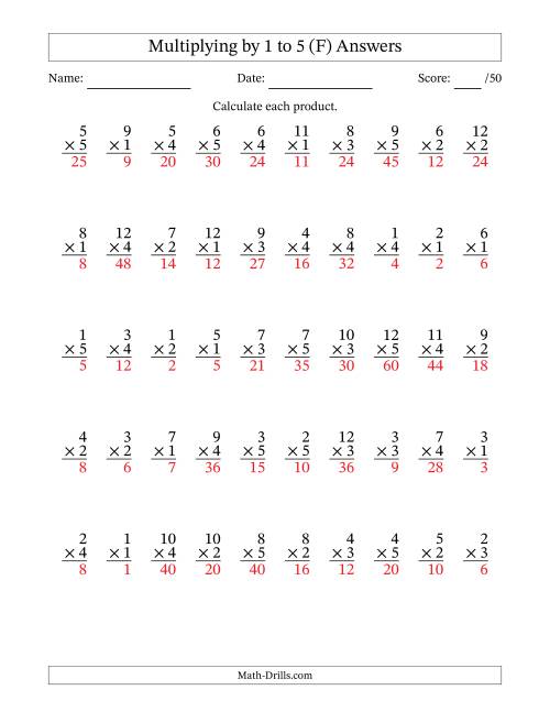 The Multiplying (1 to 12) by 1 to 5 (50 Questions) (F) Math Worksheet Page 2