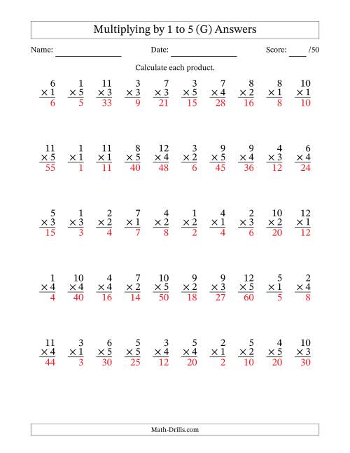 The Multiplying (1 to 12) by 1 to 5 (50 Questions) (G) Math Worksheet Page 2