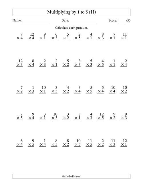 The Multiplying (1 to 12) by 1 to 5 (50 Questions) (H) Math Worksheet