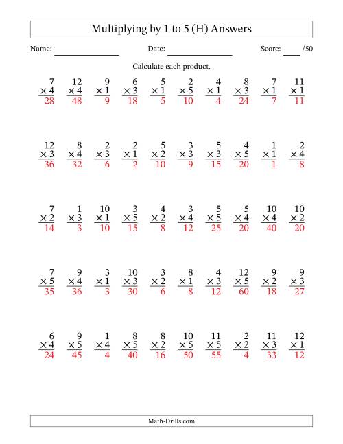 The Multiplying (1 to 12) by 1 to 5 (50 Questions) (H) Math Worksheet Page 2
