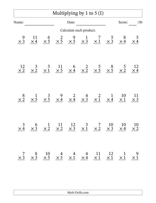 The Multiplying (1 to 12) by 1 to 5 (50 Questions) (I) Math Worksheet