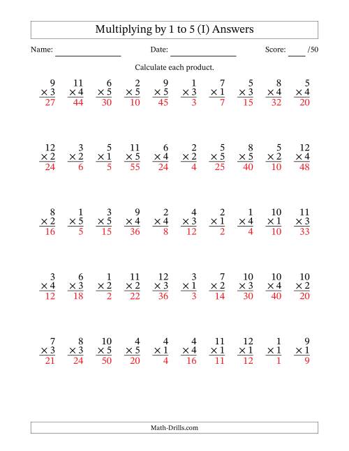 The Multiplying (1 to 12) by 1 to 5 (50 Questions) (I) Math Worksheet Page 2