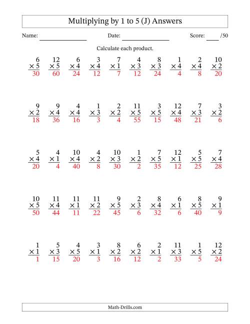 The Multiplying (1 to 12) by 1 to 5 (50 Questions) (J) Math Worksheet Page 2