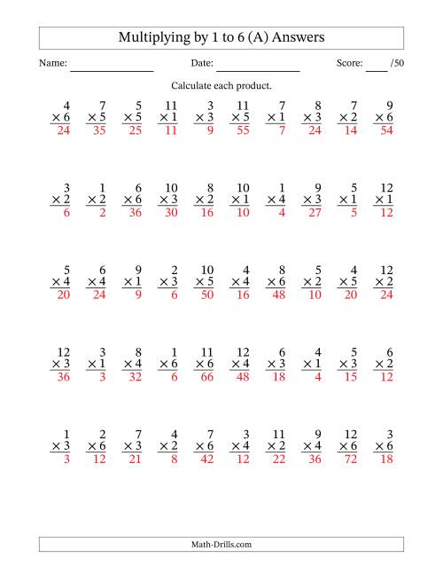 The Multiplying (1 to 12) by 1 to 6 (50 Questions) (A) Math Worksheet Page 2