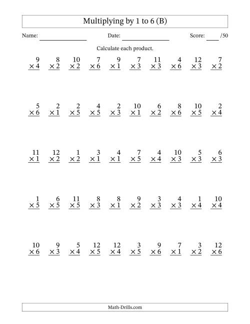 The Multiplying (1 to 12) by 1 to 6 (50 Questions) (B) Math Worksheet