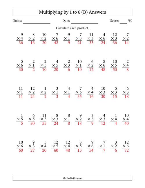 The Multiplying (1 to 12) by 1 to 6 (50 Questions) (B) Math Worksheet Page 2
