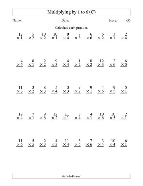 The Multiplying (1 to 12) by 1 to 6 (50 Questions) (C) Math Worksheet
