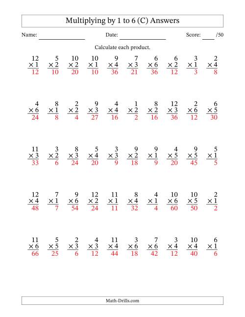The Multiplying (1 to 12) by 1 to 6 (50 Questions) (C) Math Worksheet Page 2