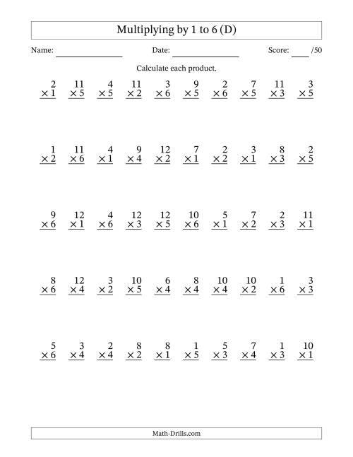 The Multiplying (1 to 12) by 1 to 6 (50 Questions) (D) Math Worksheet