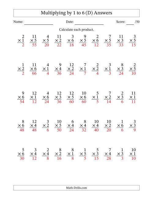 The Multiplying (1 to 12) by 1 to 6 (50 Questions) (D) Math Worksheet Page 2