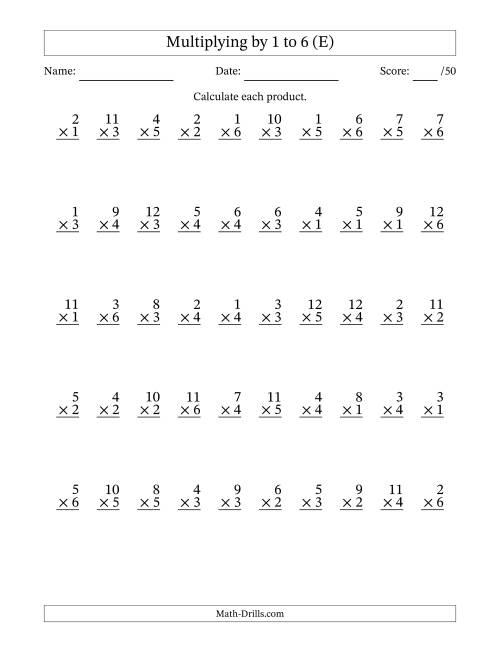 The Multiplying (1 to 12) by 1 to 6 (50 Questions) (E) Math Worksheet