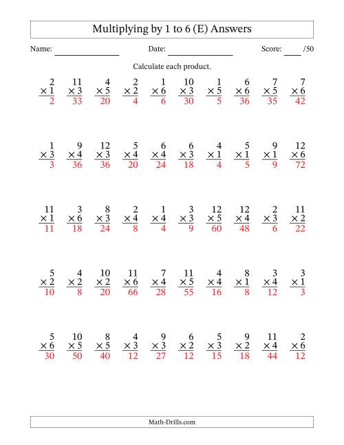 The Multiplying (1 to 12) by 1 to 6 (50 Questions) (E) Math Worksheet Page 2