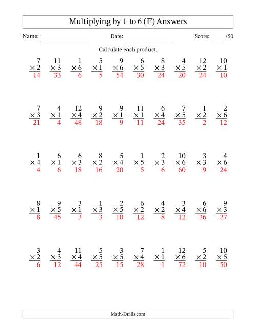 The Multiplying (1 to 12) by 1 to 6 (50 Questions) (F) Math Worksheet Page 2