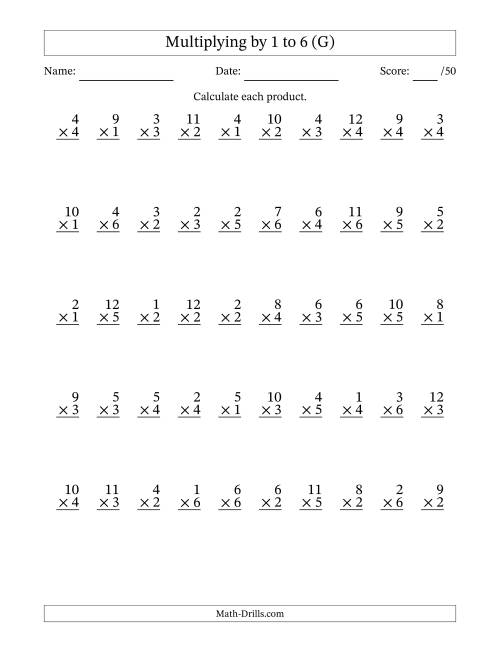 The Multiplying (1 to 12) by 1 to 6 (50 Questions) (G) Math Worksheet