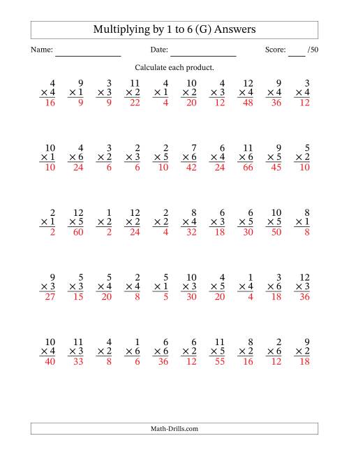 The Multiplying (1 to 12) by 1 to 6 (50 Questions) (G) Math Worksheet Page 2