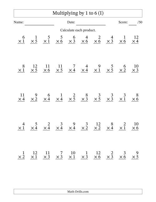 The Multiplying (1 to 12) by 1 to 6 (50 Questions) (I) Math Worksheet