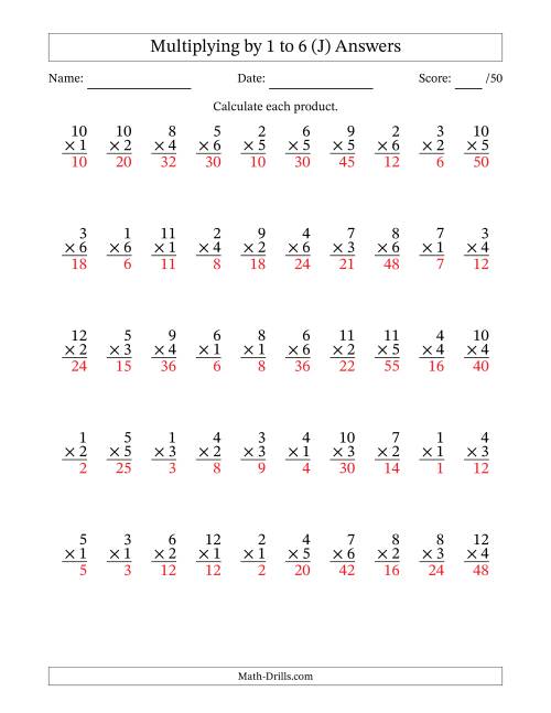 The Multiplying (1 to 12) by 1 to 6 (50 Questions) (J) Math Worksheet Page 2