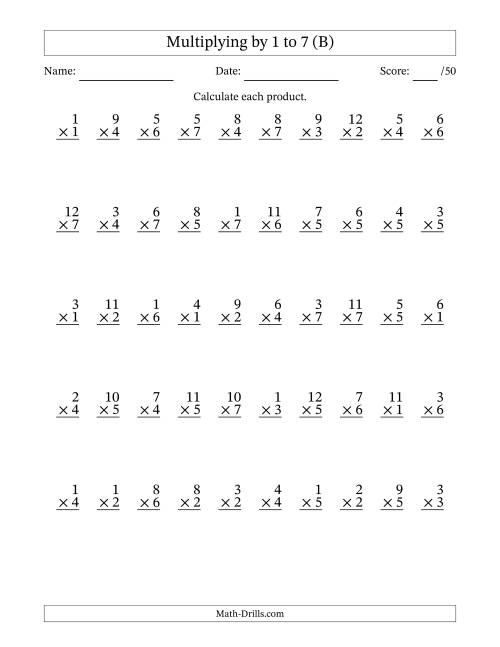 The Multiplying (1 to 12) by 1 to 7 (50 Questions) (B) Math Worksheet