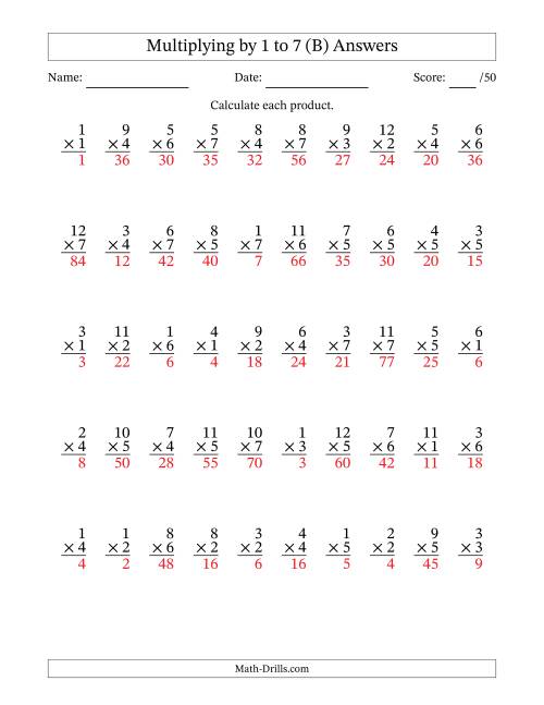 The Multiplying (1 to 12) by 1 to 7 (50 Questions) (B) Math Worksheet Page 2