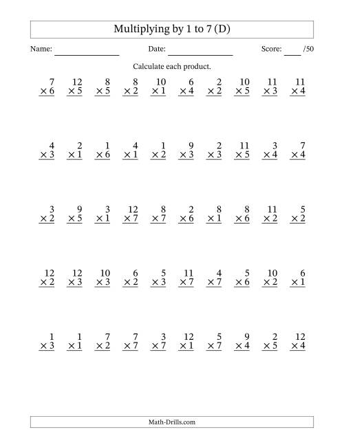 The Multiplying (1 to 12) by 1 to 7 (50 Questions) (D) Math Worksheet
