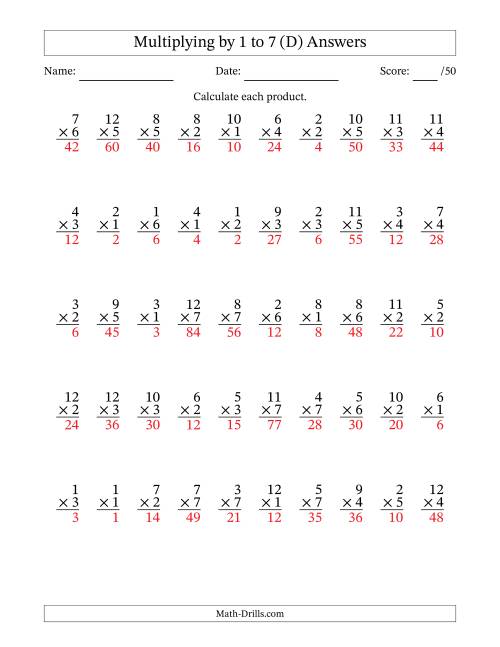 The Multiplying (1 to 12) by 1 to 7 (50 Questions) (D) Math Worksheet Page 2