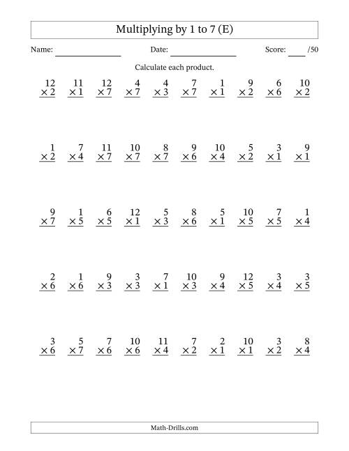 The Multiplying (1 to 12) by 1 to 7 (50 Questions) (E) Math Worksheet
