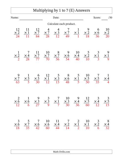 The Multiplying (1 to 12) by 1 to 7 (50 Questions) (E) Math Worksheet Page 2