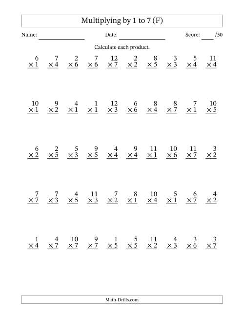 The Multiplying (1 to 12) by 1 to 7 (50 Questions) (F) Math Worksheet