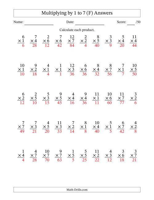 The Multiplying (1 to 12) by 1 to 7 (50 Questions) (F) Math Worksheet Page 2