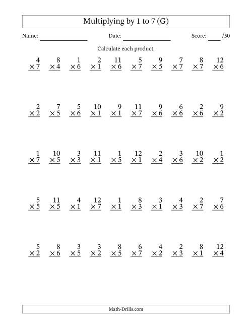 The Multiplying (1 to 12) by 1 to 7 (50 Questions) (G) Math Worksheet