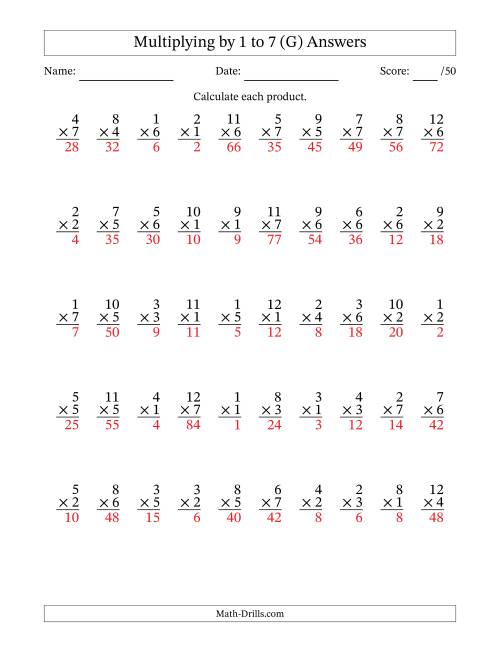 The Multiplying (1 to 12) by 1 to 7 (50 Questions) (G) Math Worksheet Page 2