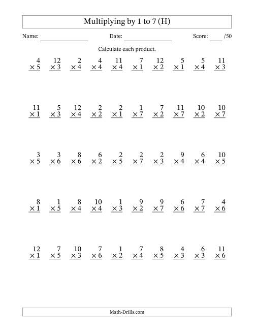 The Multiplying (1 to 12) by 1 to 7 (50 Questions) (H) Math Worksheet