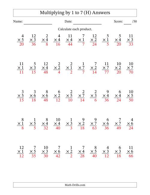 The Multiplying (1 to 12) by 1 to 7 (50 Questions) (H) Math Worksheet Page 2