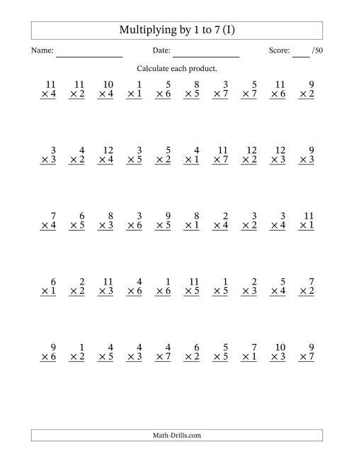 The Multiplying (1 to 12) by 1 to 7 (50 Questions) (I) Math Worksheet