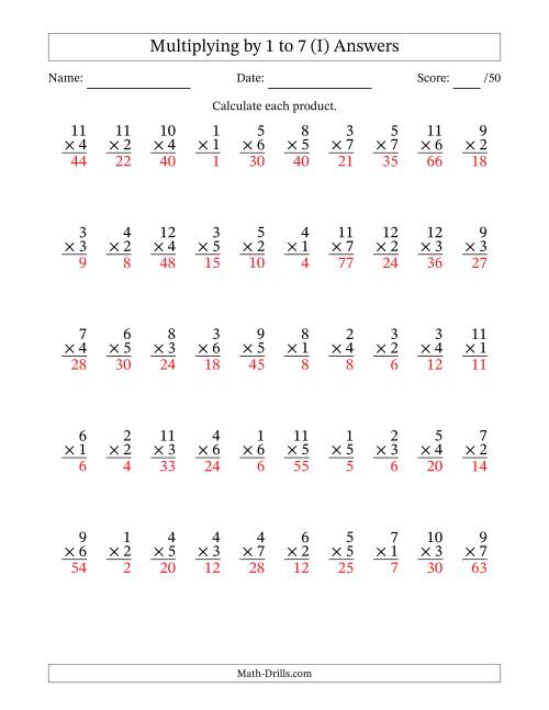 The Multiplying (1 to 12) by 1 to 7 (50 Questions) (I) Math Worksheet Page 2