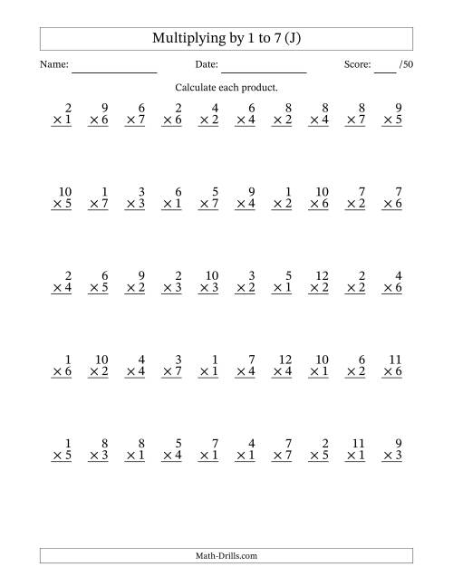 The Multiplying (1 to 12) by 1 to 7 (50 Questions) (J) Math Worksheet