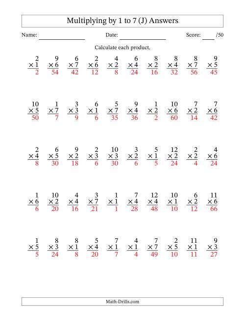 The Multiplying (1 to 12) by 1 to 7 (50 Questions) (J) Math Worksheet Page 2