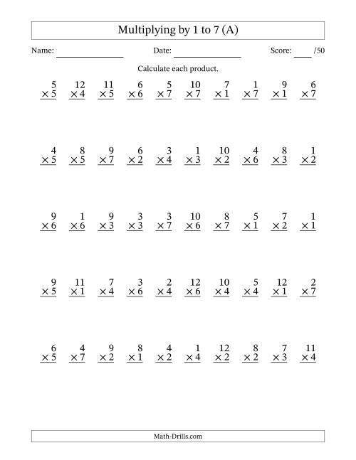The Multiplying (1 to 12) by 1 to 7 (50 Questions) (All) Math Worksheet