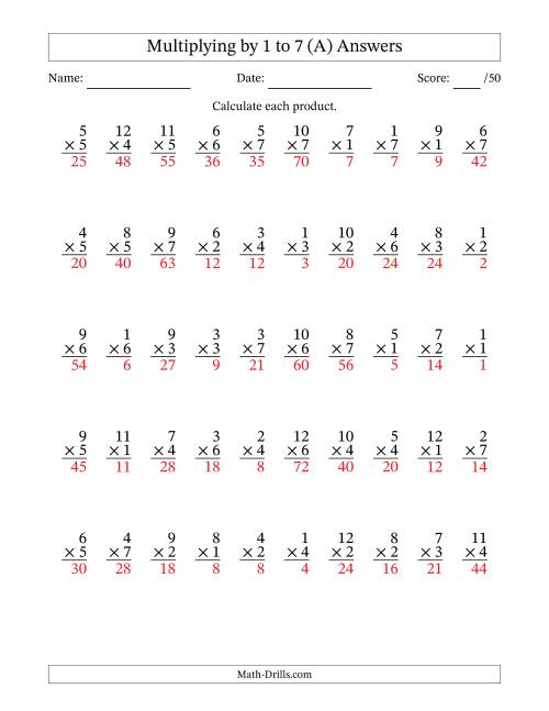 The Multiplying (1 to 12) by 1 to 7 (50 Questions) (All) Math Worksheet Page 2